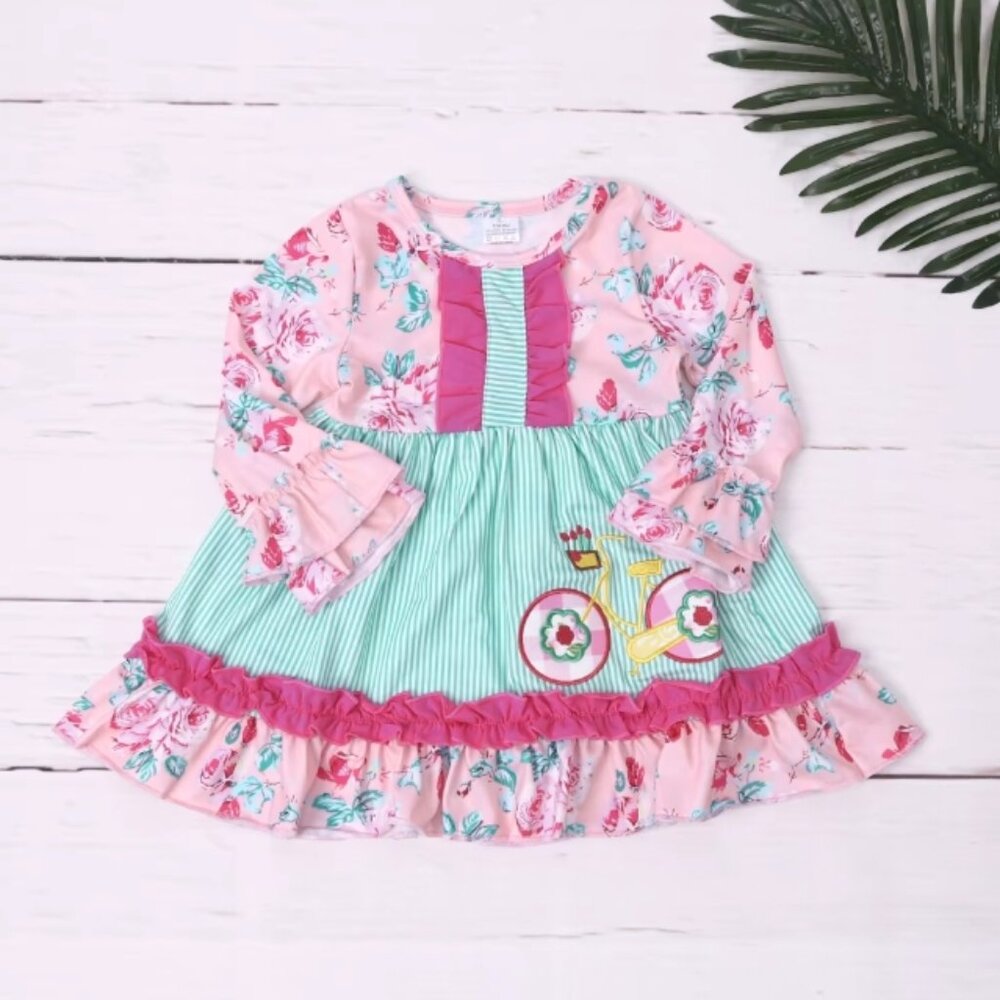 Boutique Girls Floral Bicycle Long Sleeve Ruffle Dress